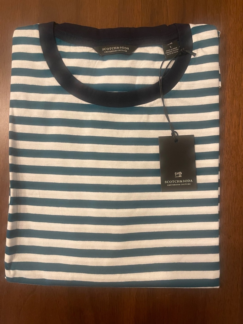 Scotch & Soda Teal and White Striped Crew Neck Tee